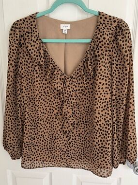 J. Crew Tan and Black Polka Dot Ruffle V-Neck Blouse